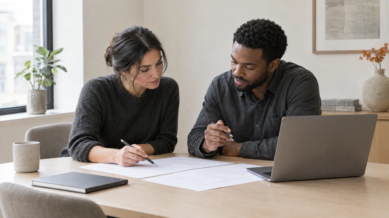 Marketing and sales colleagues reviewing unmarked planning sheets together at a wooden desk