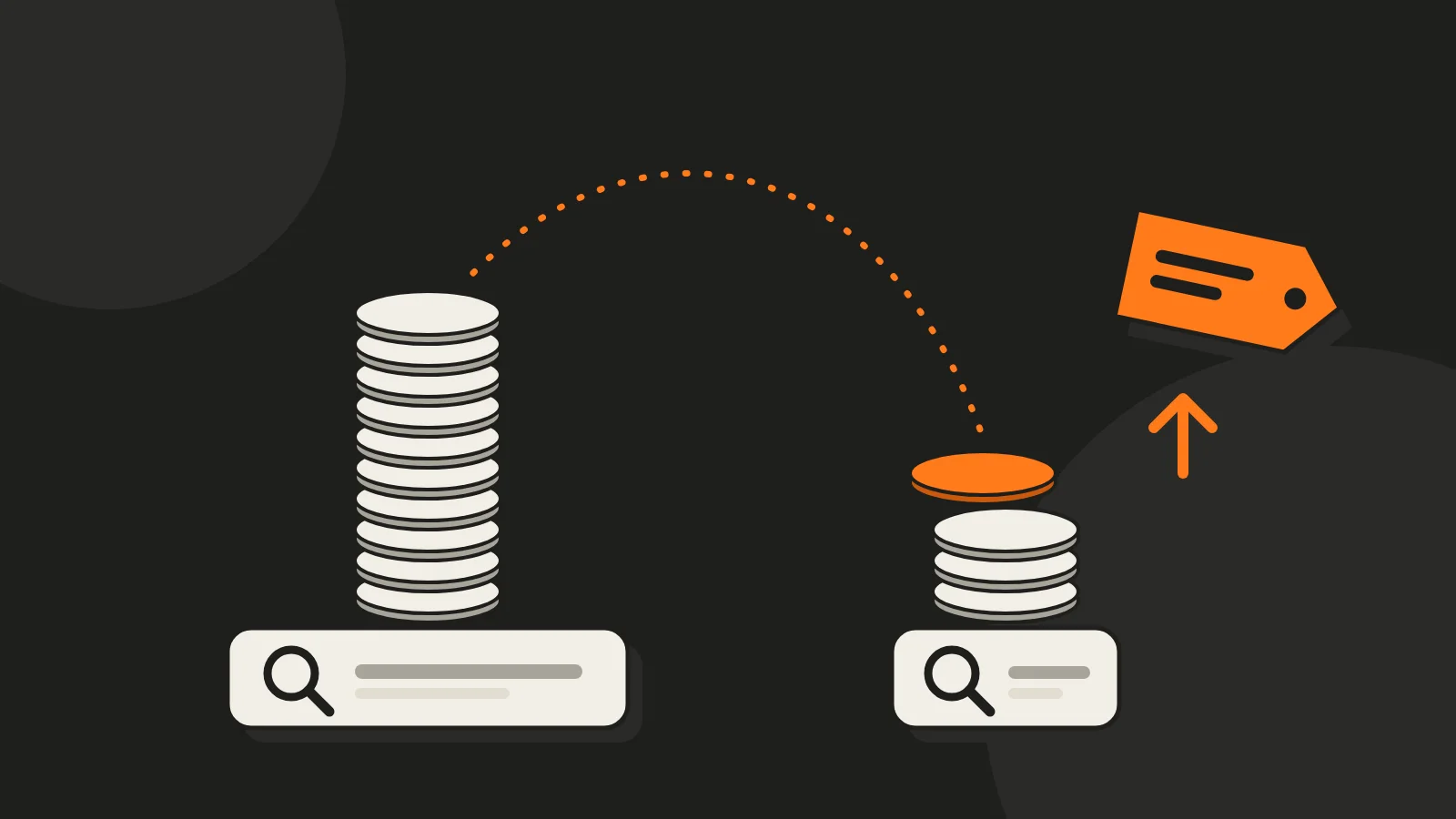 Illustration of a coin jumping from a tall stack on a wide search bar to a short stack on a narrow one, beside an orange price tag with an arrow pointing up