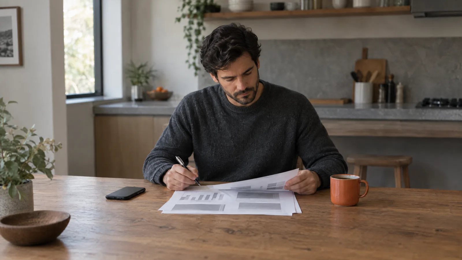 Small business owner at a wooden kitchen table reading a printed report, with a phone face down and an orange mug beside him