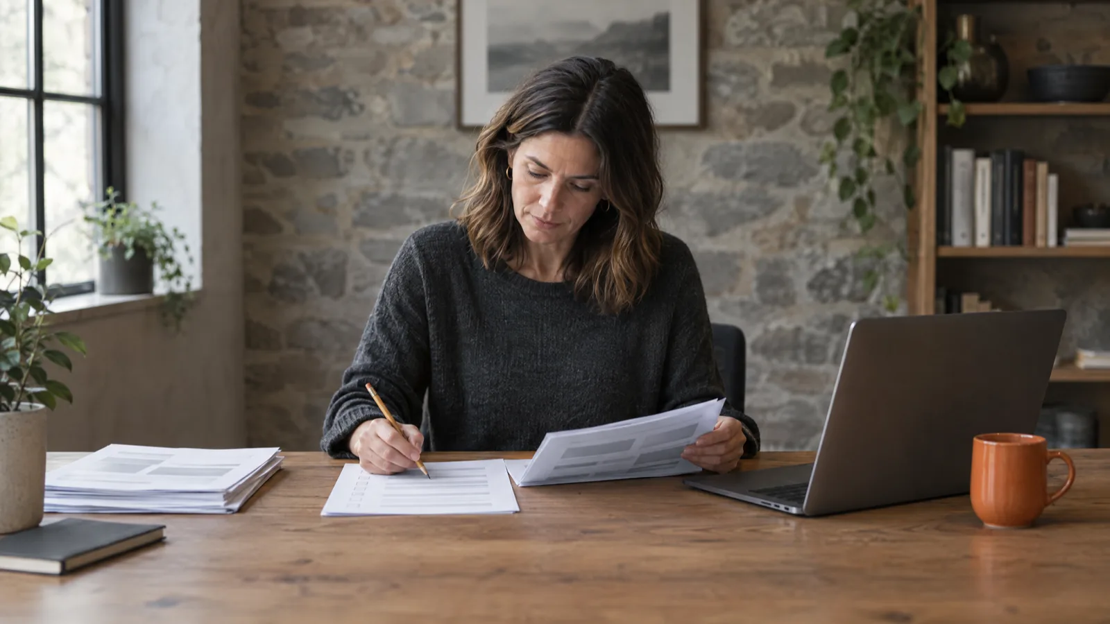 Marketing lead at a wooden desk ticking items on a printed checklist beside a laptop turned away from the camera