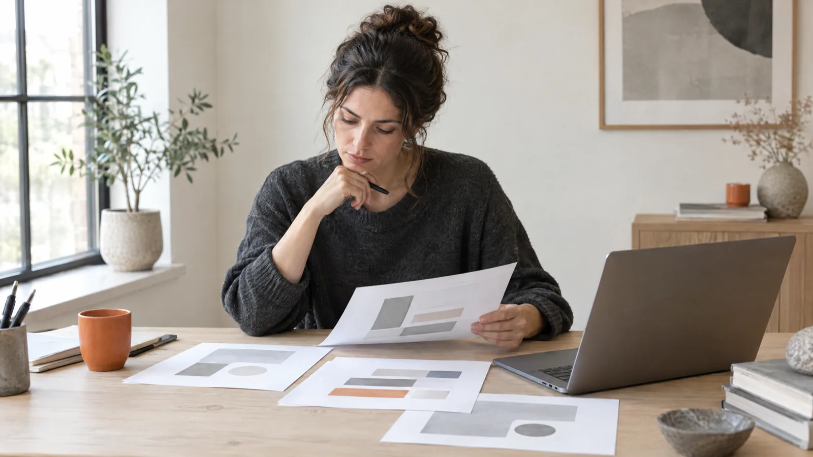 Marketing lead reviewing unmarked planning sheets beside a laptop at a wooden desk