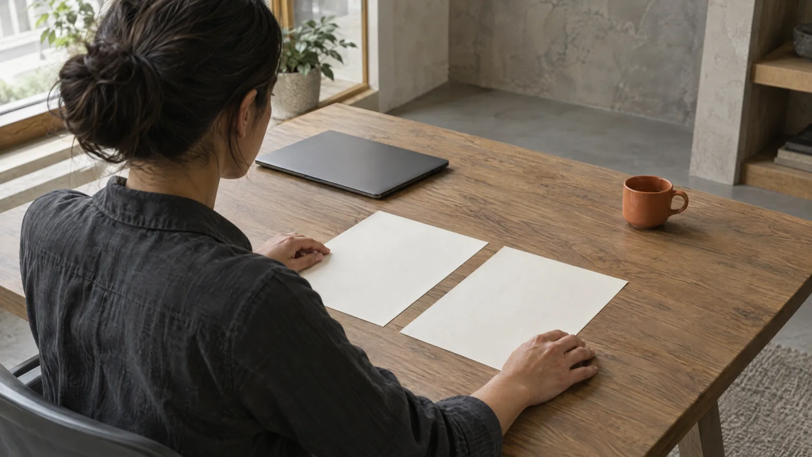 Marketing lead comparing blank planning sheets at a wooden desk beside a closed laptop and an orange cup