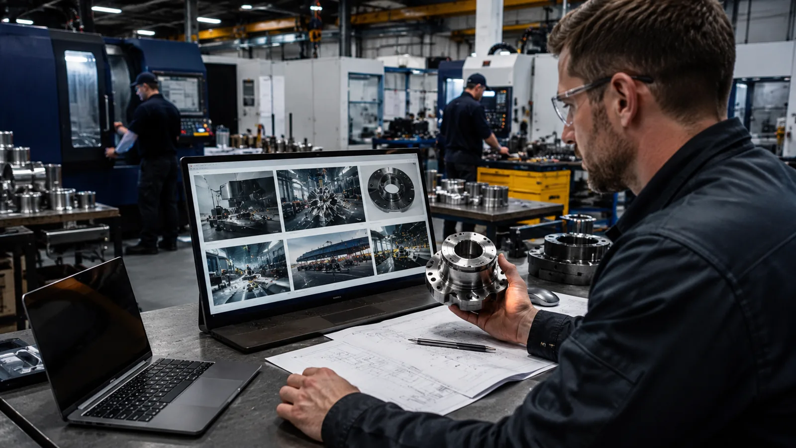 Engineer in a factory reviewing technical images on a monitor while holding a machined metal part and blueprints