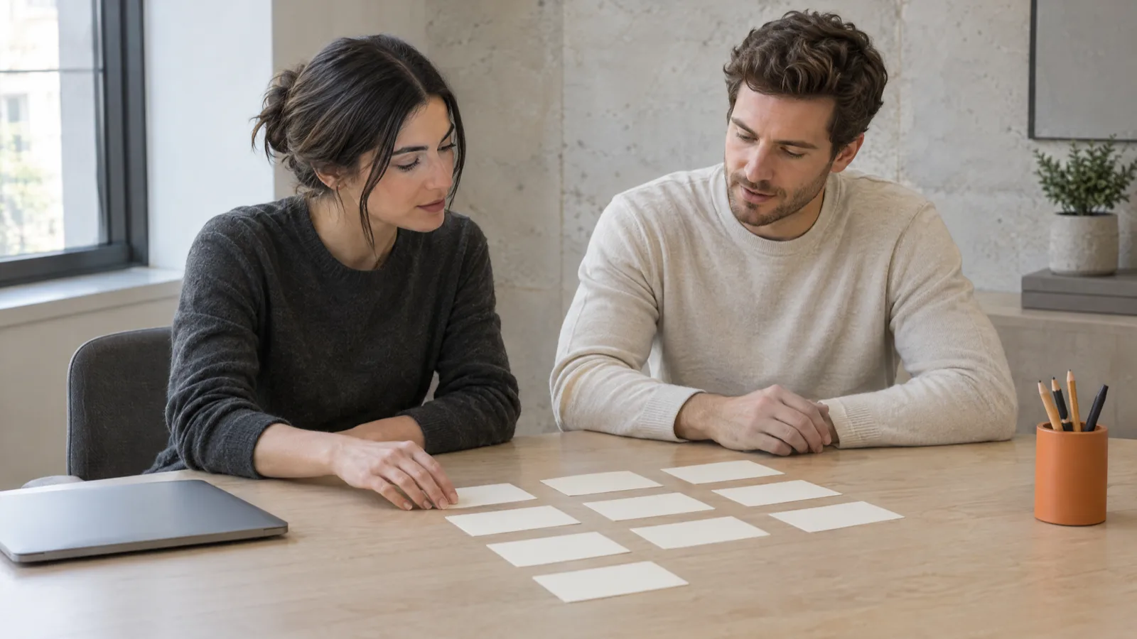 Two software marketing colleagues arranging blank planning cards at a light wooden desk beside a closed laptop