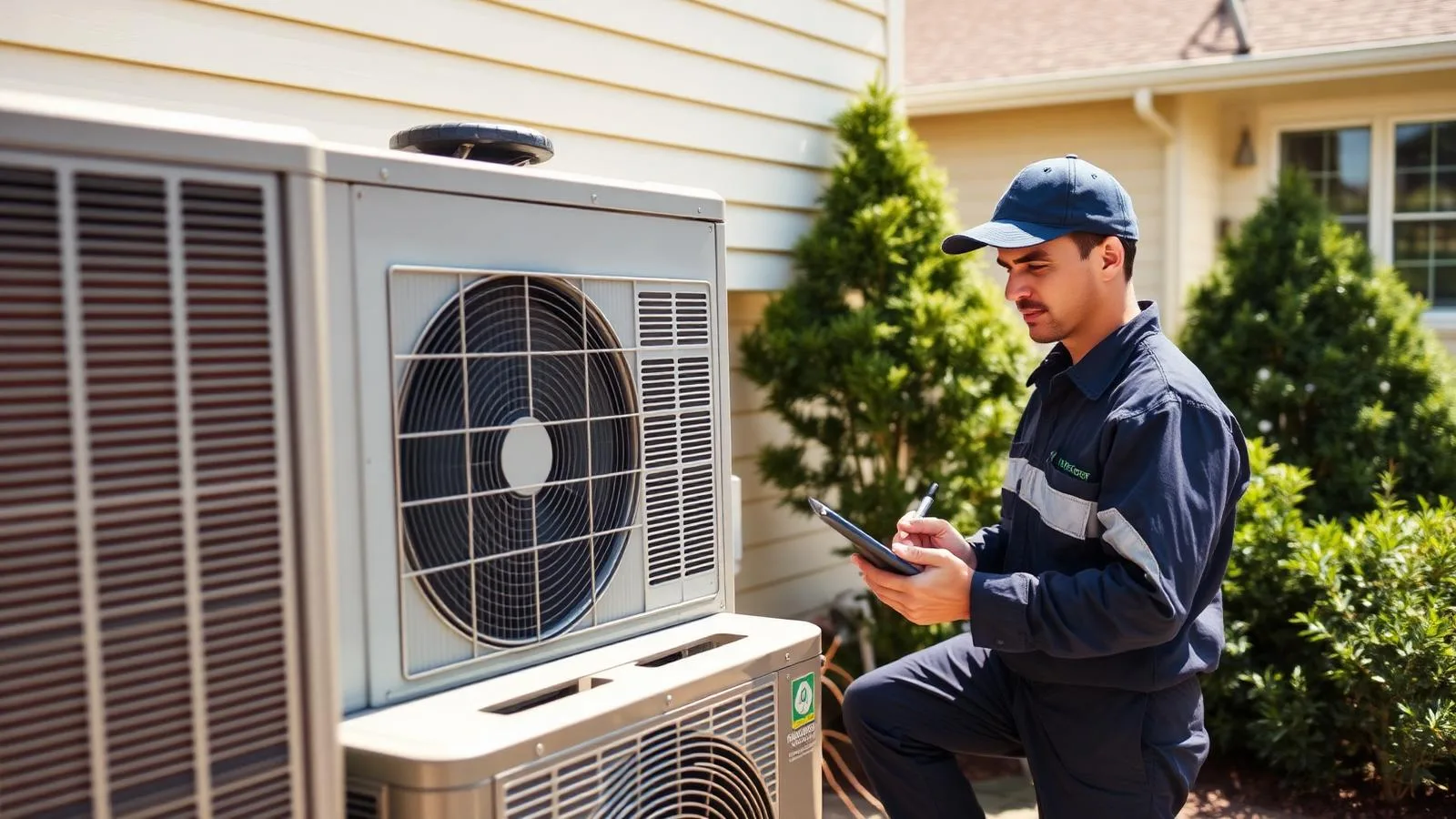 HVAC technician checking system performance on a tablet beside a residential condenser unit