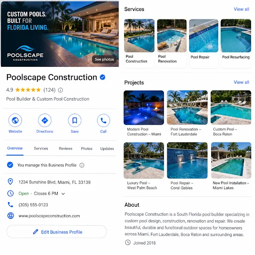 Optimized Google Business Profile for a pool builder showing reviews, services, and project photos