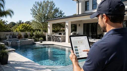 Pool contractor reviewing search performance on a tablet beside a finished backyard pool
